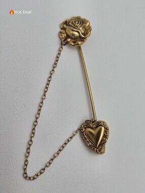 Vintage Gold Tone Rose Heart Stick Pin Jabot Lapel Pin Chain Romantic 2"